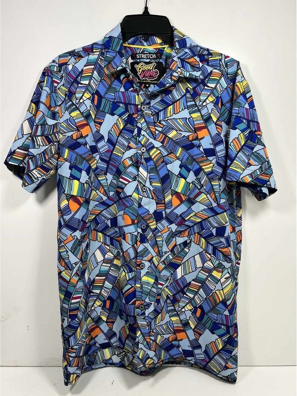 Good Vibes By Drill Clothing Co Hawaiian Shirt Men’s Sz S Tropical Palm Blue
